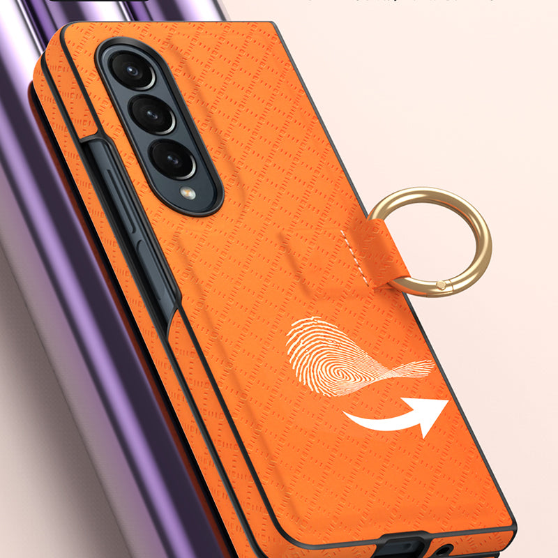 GKK til Samsung Galaxy Z Fold4 5G Slim Phone Cover Grids præget PU PC-telefonetui med ringfingerholder GKK til Samsung Galaxy Z Fold4 5G Slim Phone Cover Grids præget PU PC-telefonetui med ringfingerholder